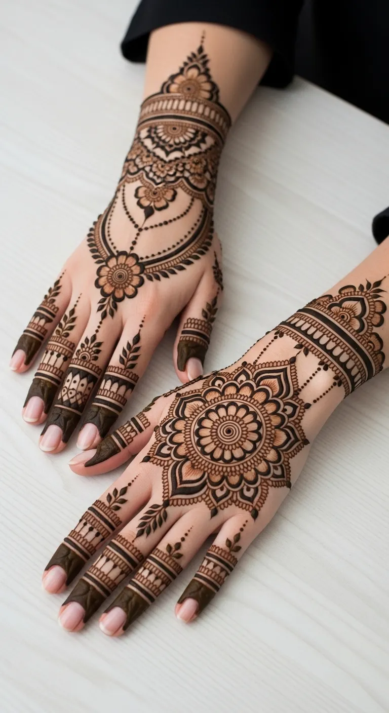 Royal floral chain mehndi with leaf borders on back hand