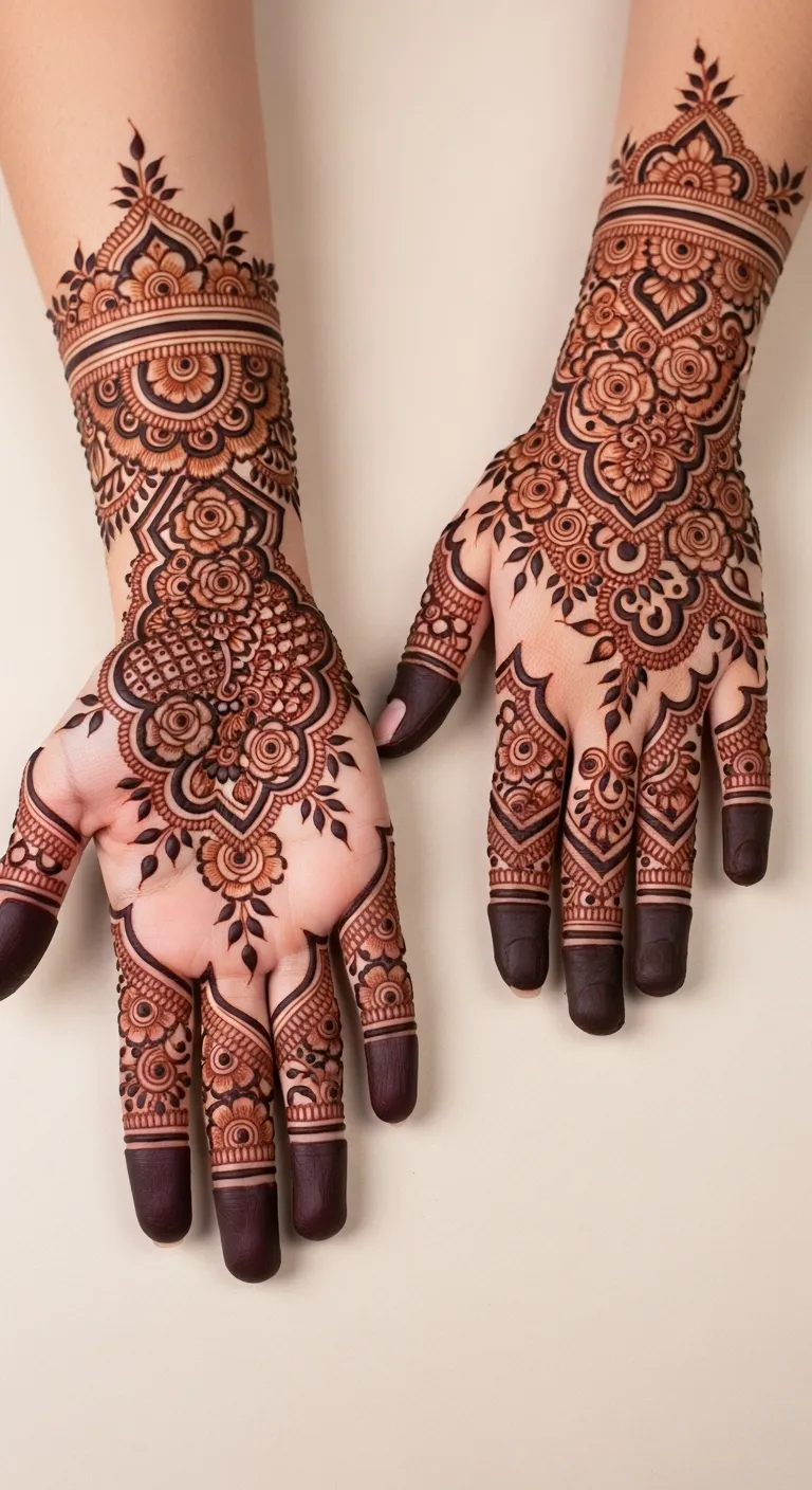 Royal rose trail mehndi flowing from palm to fingers