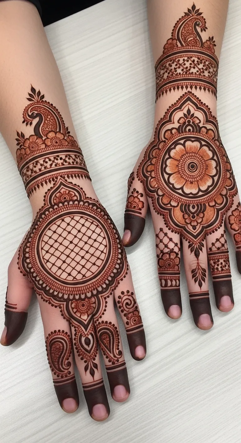 Royal circular jaal mehndi on front hand