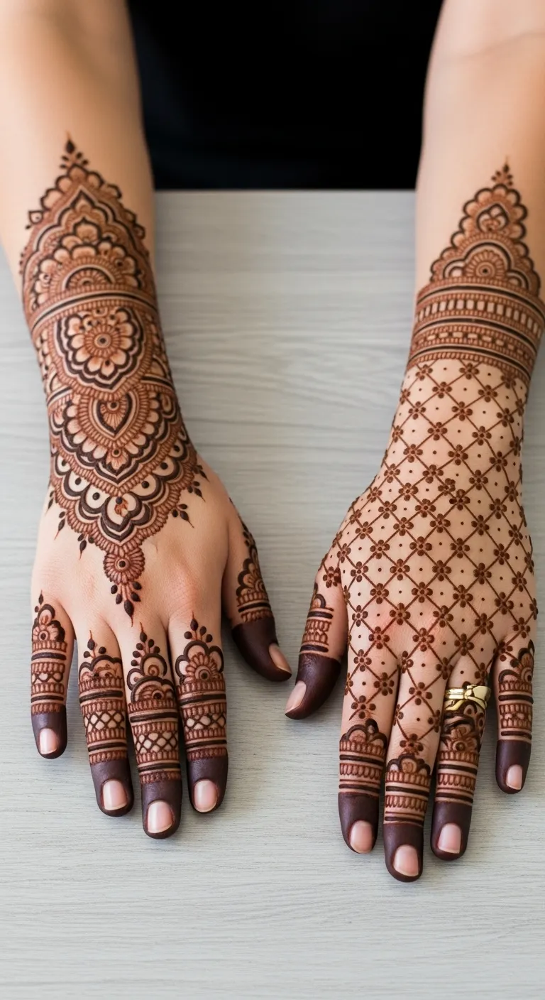 Royal jaal mehndi with diamond pattern and flowers on back hand