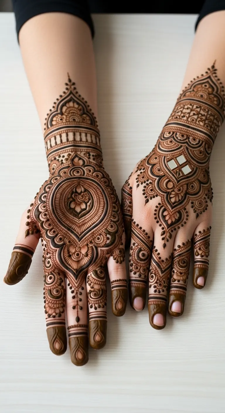 Royal mehndi design with full coverage on front and 