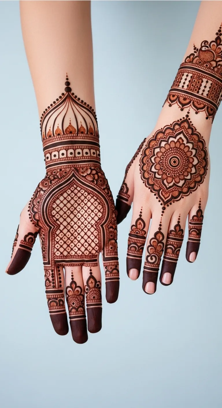 Royal Mughal arch mehndi with lattice on front hand
