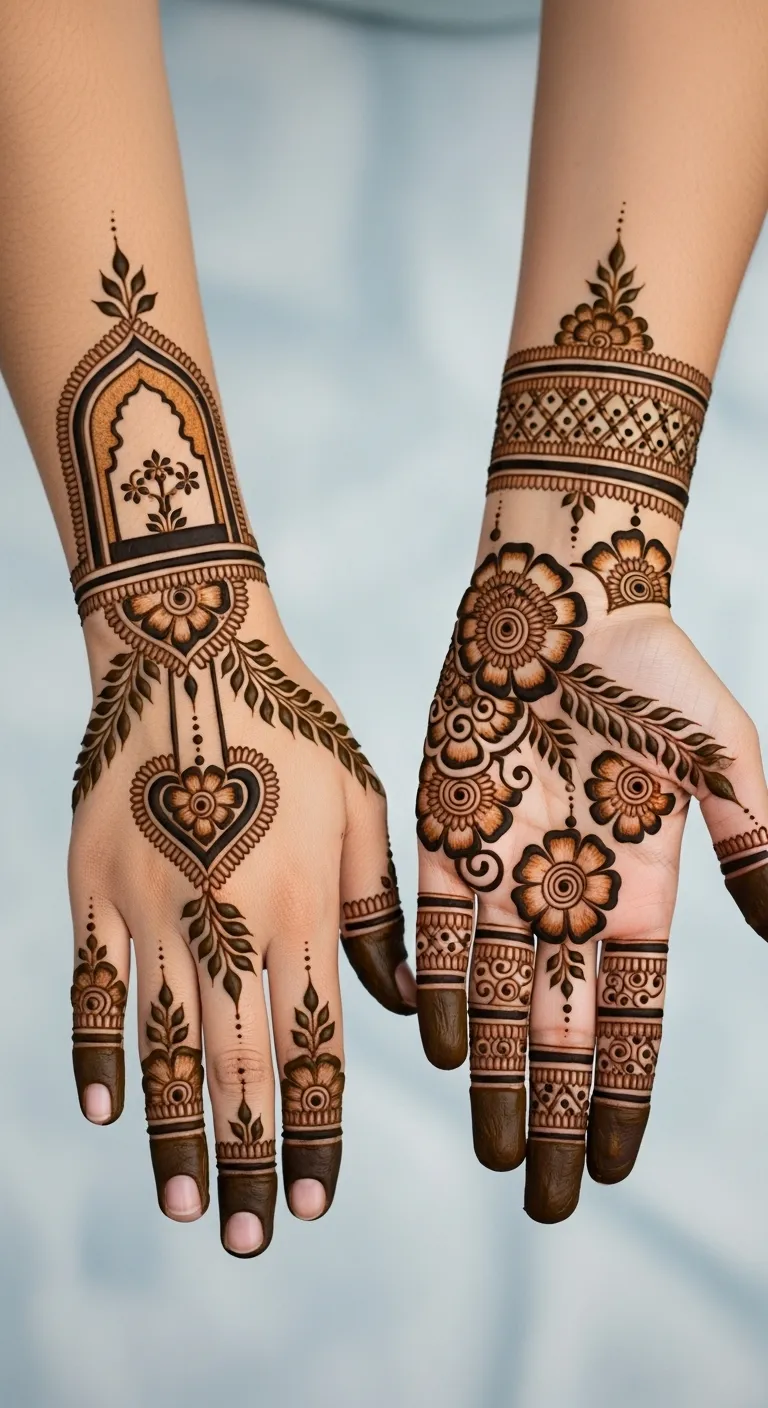 Royal Mughal jharokha mehndi with floral finger work