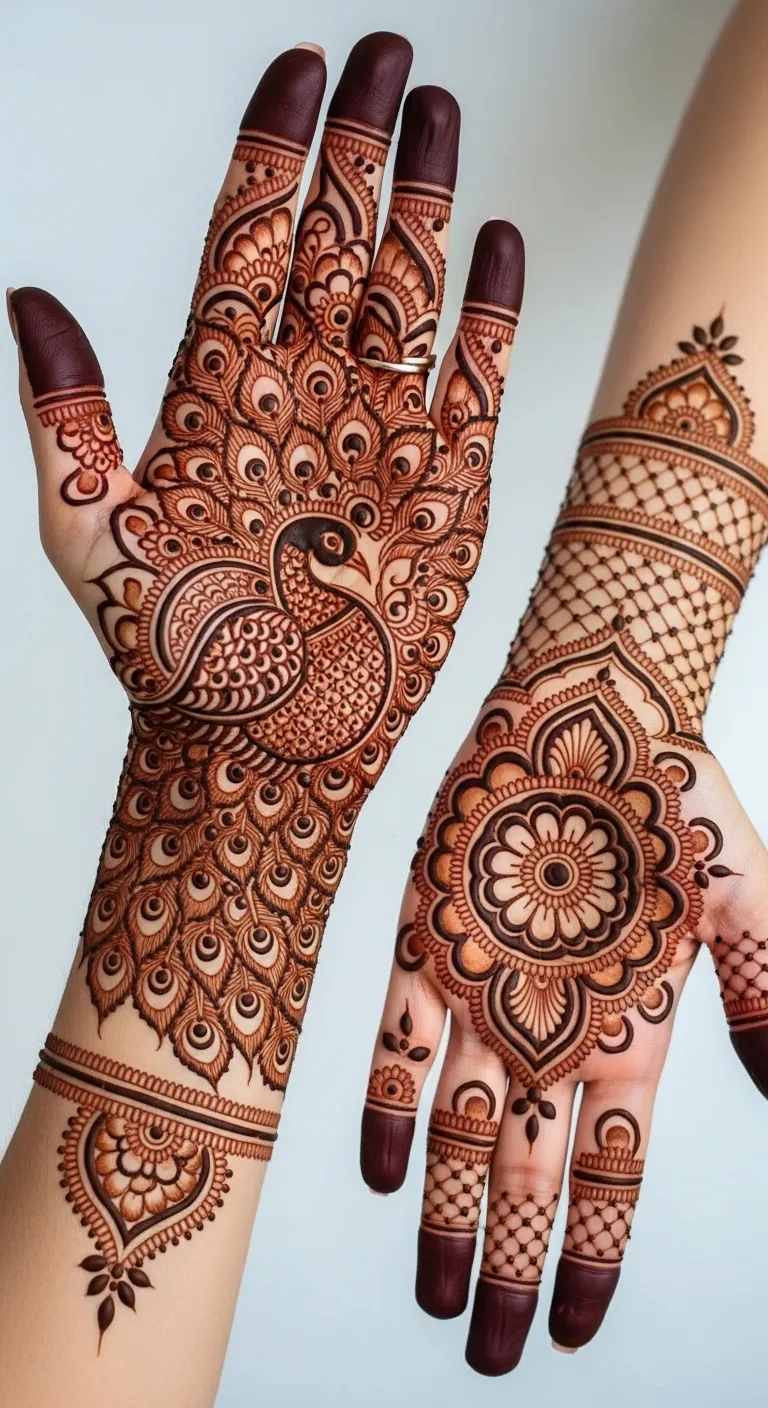 Royal peacock mehndi with fanned feathers on front hand