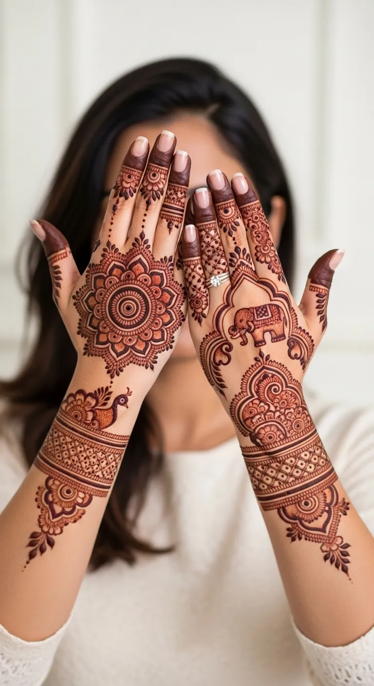 Royal shaded mandala mehndi with contrast on back hand