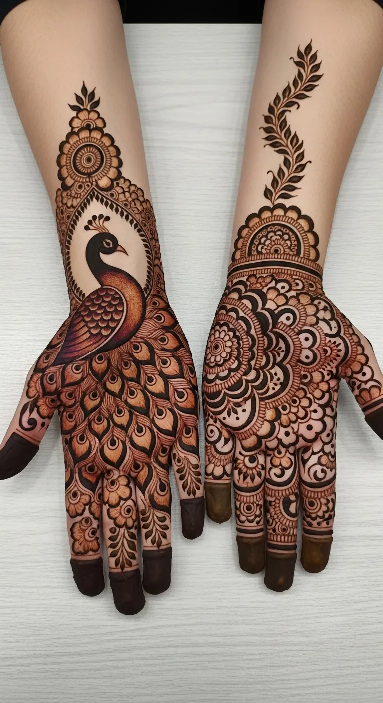 Royal shaded peacock mehndi with gradient feathers on front hand