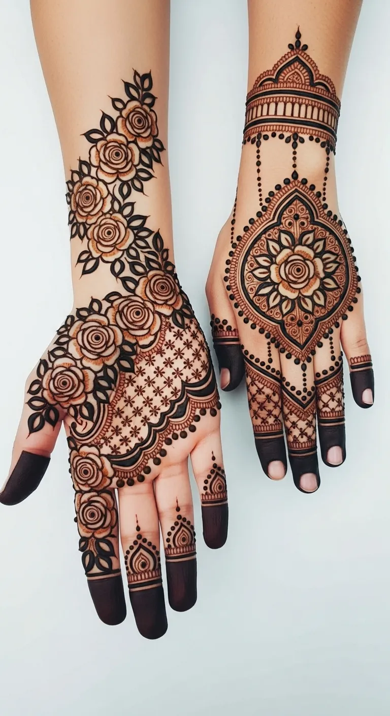 Royal shaded rose mehndi with 3D effect