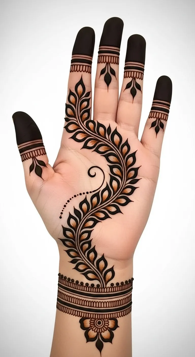 Shaded Arabic bail mehndi with gradient leaves