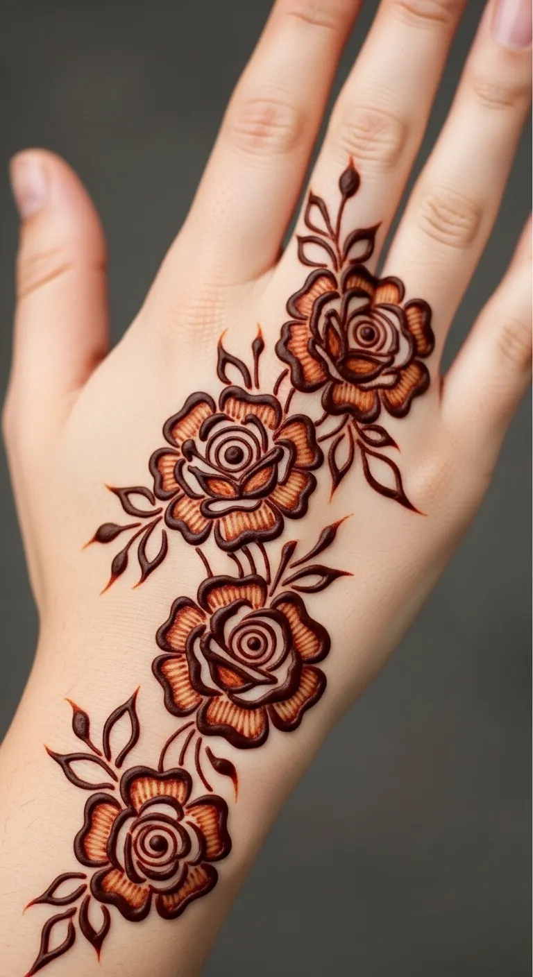 Multiple shaded Arabic roses mehndi pattern
