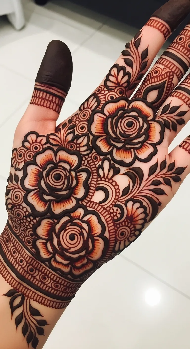 Shaded Arabic Pakistani rose mehndi design