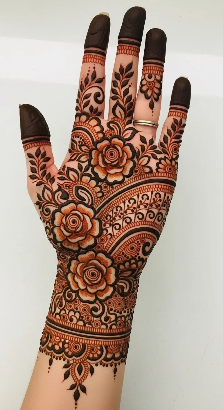 Shaded Arabic rose mehndi with gradient for Karwa Chauth