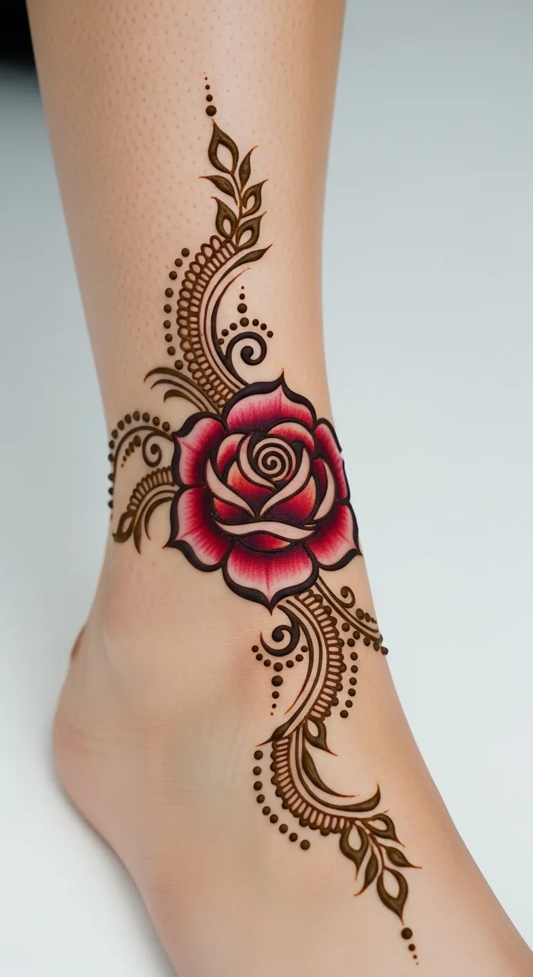 Shaded Arabic rose leg mehndi with gradient