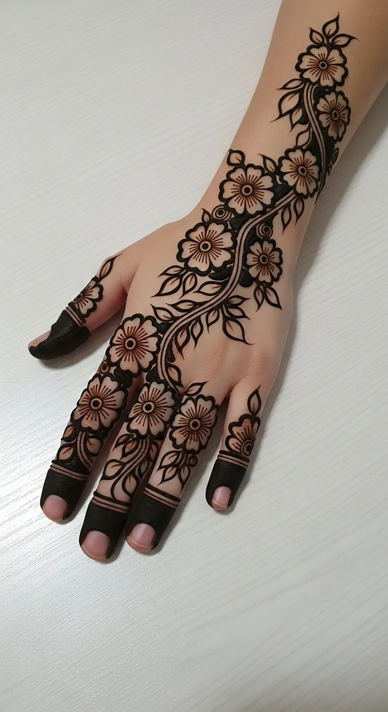 Shaded bail mehndi with dark vine and light flowers
