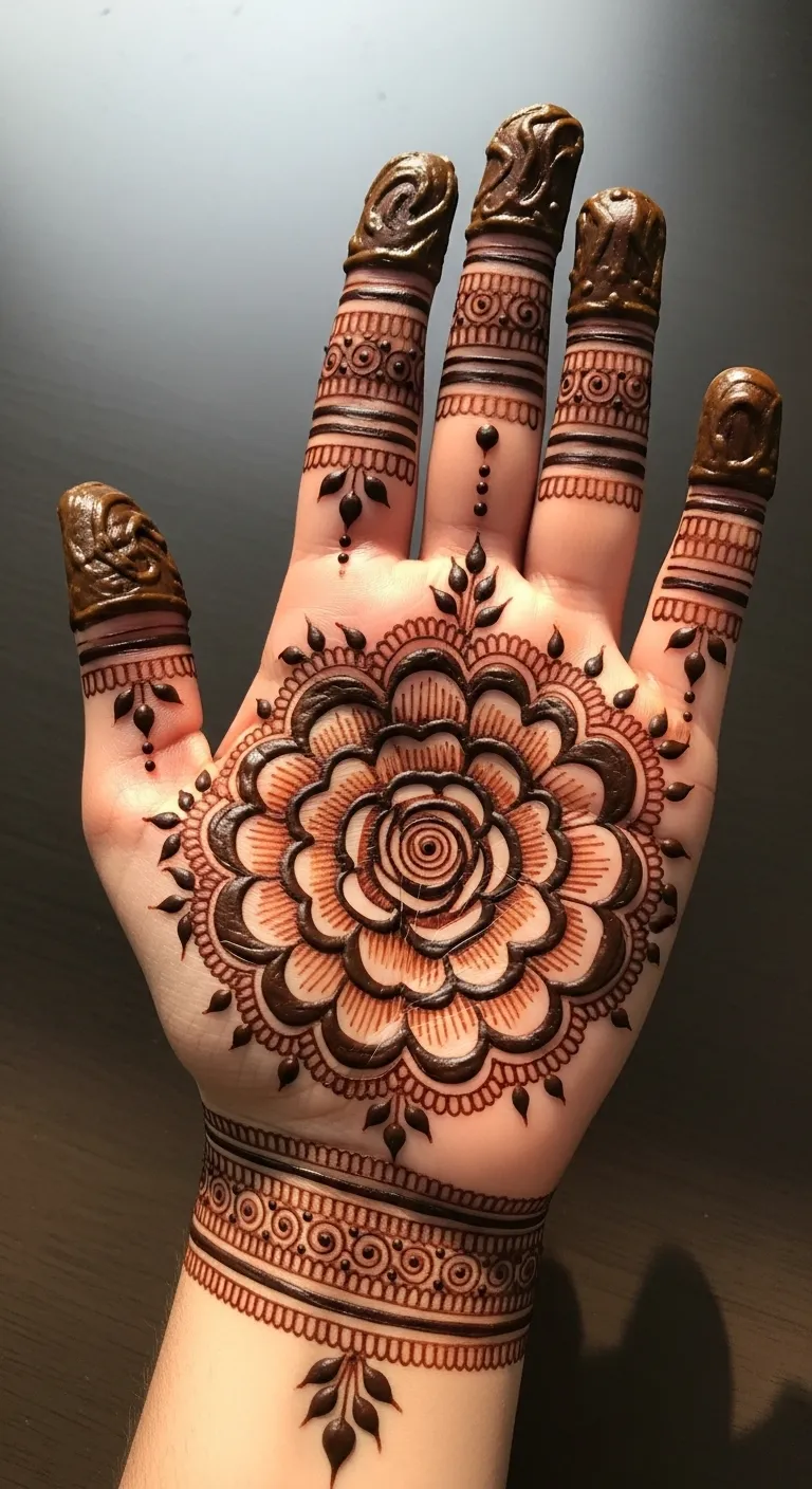 Shaded circular rose mehndi with layered petals