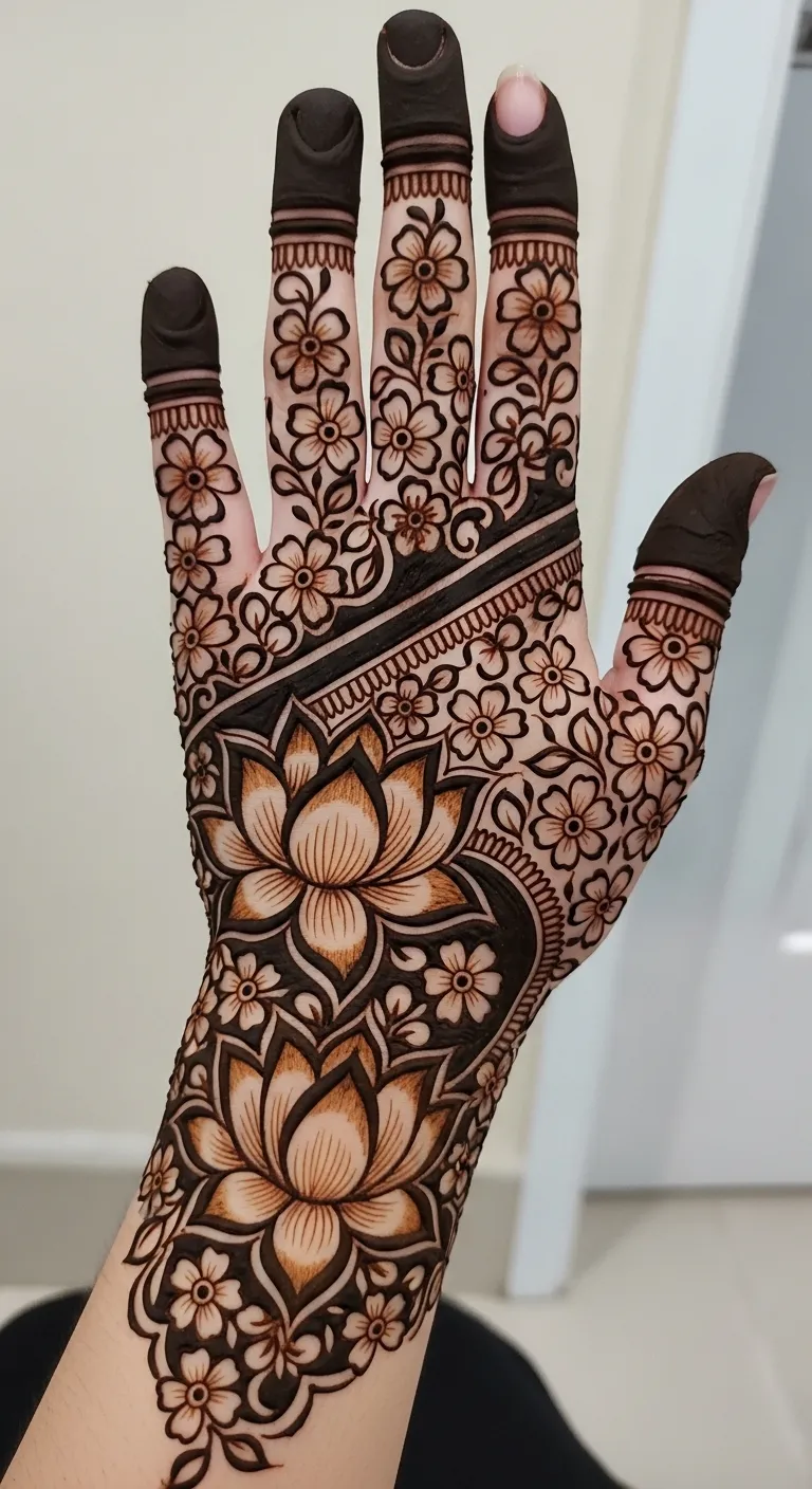 Shaded lotus and jasmine Arabic mehndi