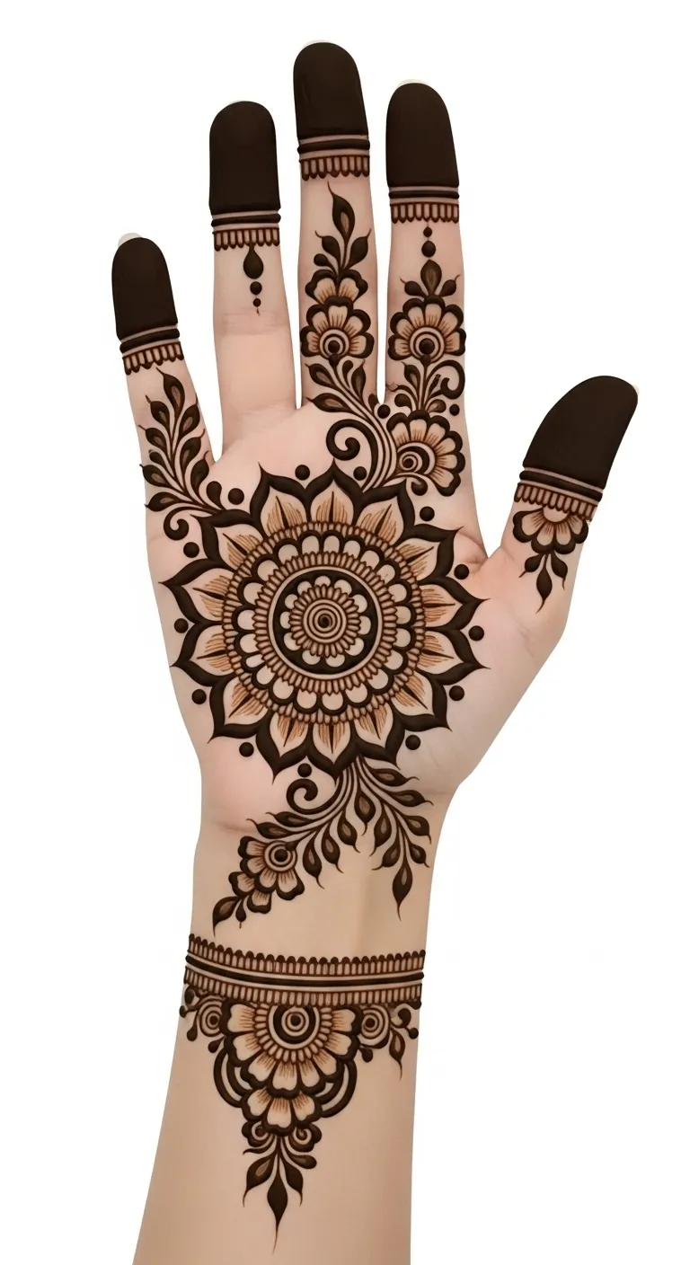 Shaded mandala with floral trails mehndi