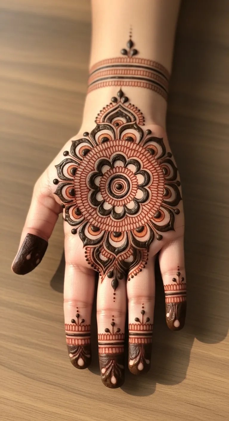 Shaded mandala mehndi with gradient on alternate petals