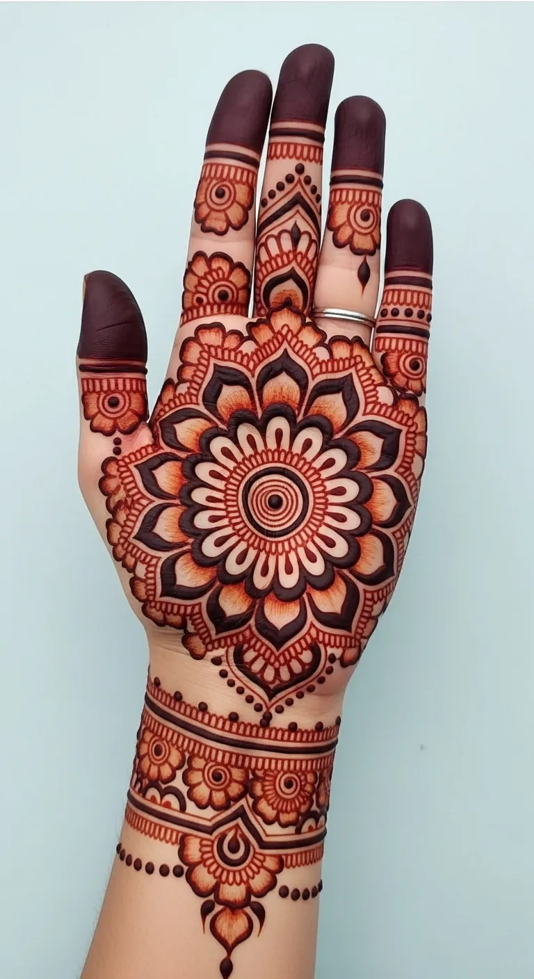 Shaded circle mandala mehndi with gradient petals