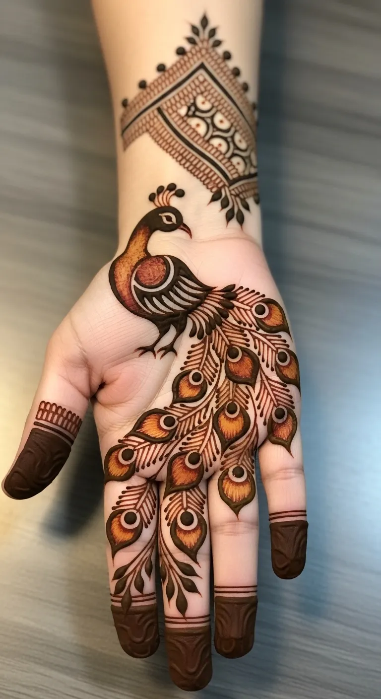 Shaded peacock palm mehndi design