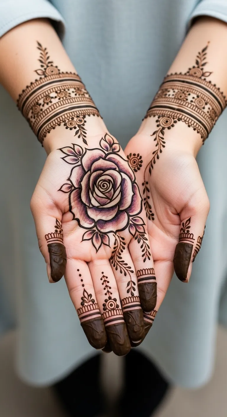 Shaded rose gradient palm mehndi design