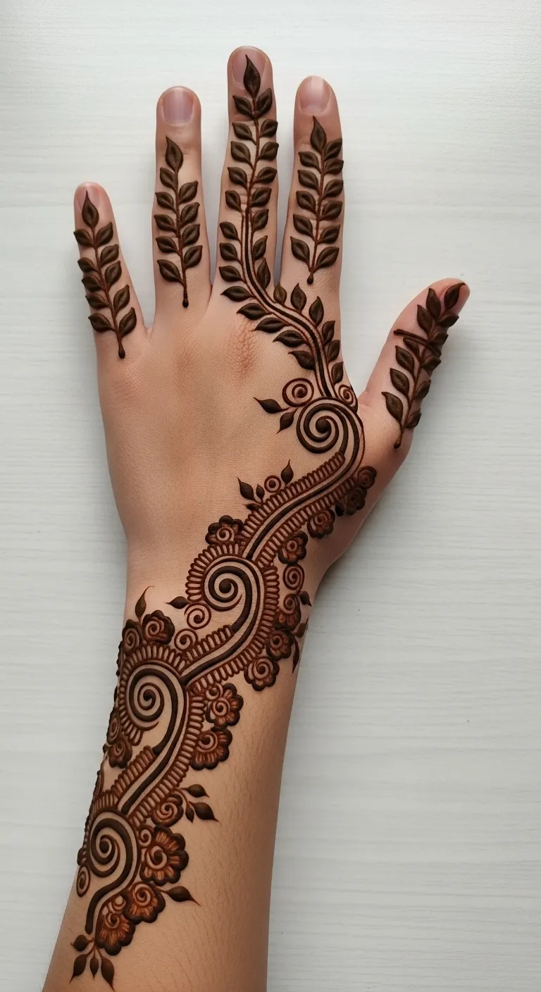 Shaded leaf trail mehndi for right hand
