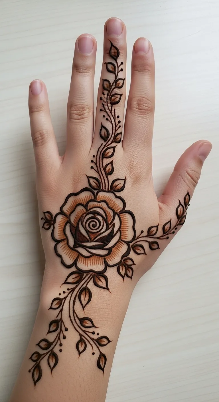 Shaded rose mehndi design on right hand