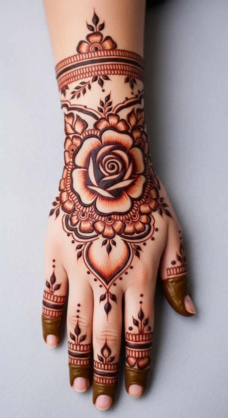 Shaded rose Arabic mehndi back hand