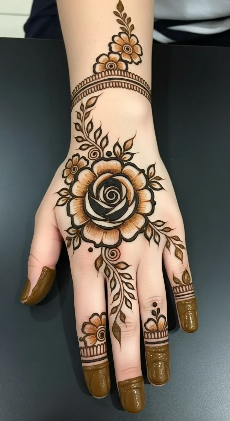 Shaded rose Arabic mehndi design for hands