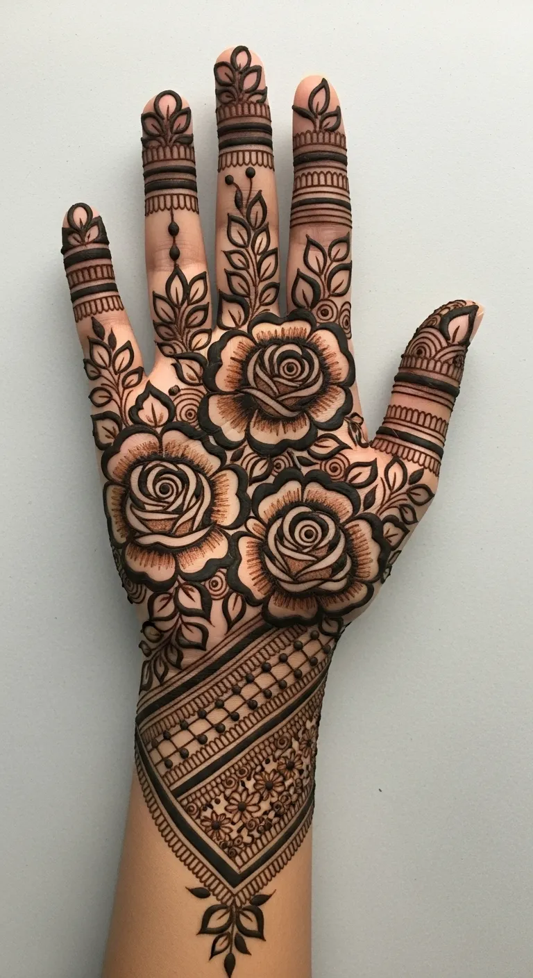 Bold shaded rose mehndi with soft inner filling