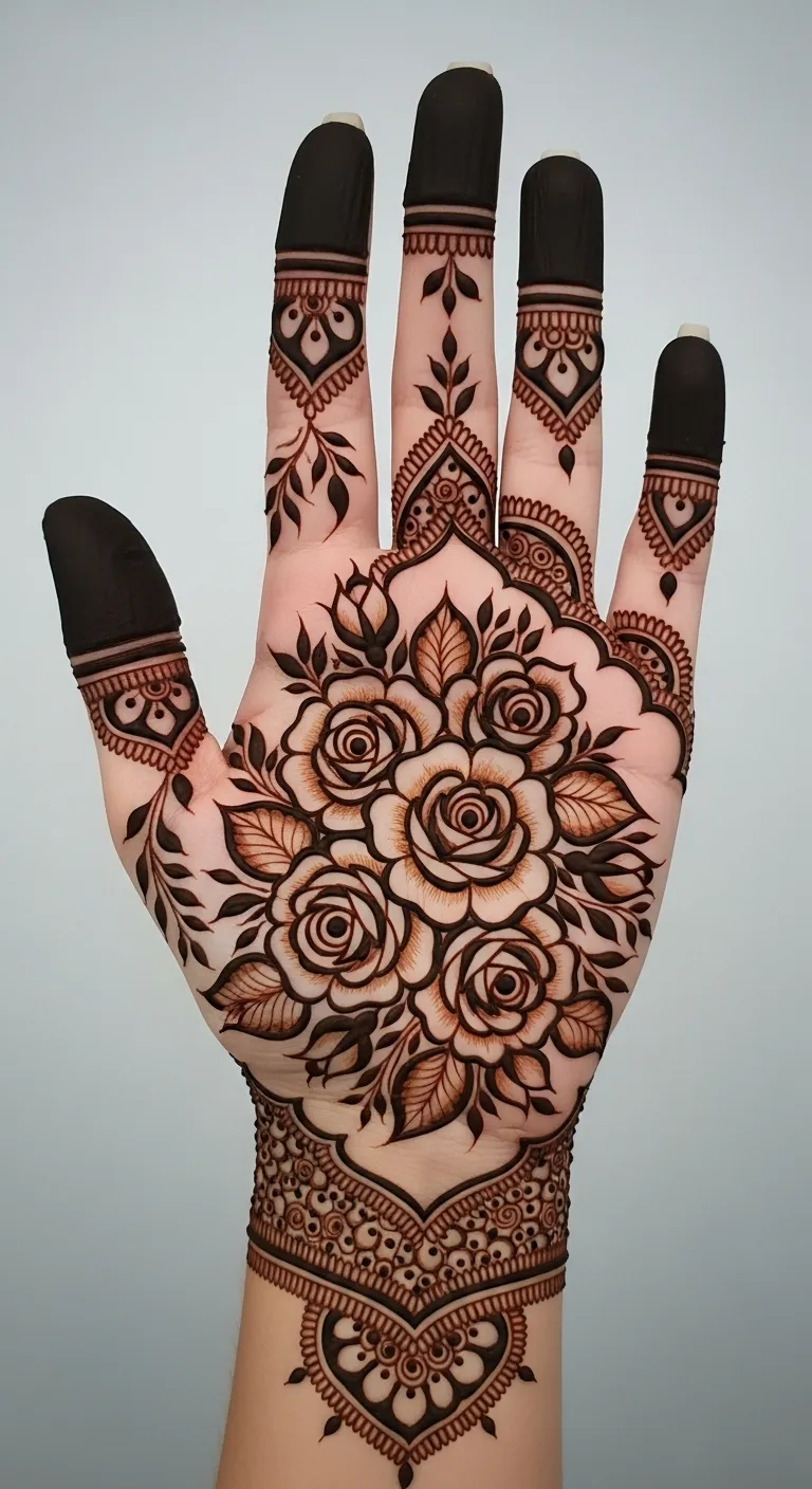 Shaded rose bouquet Arabic mehndi design
