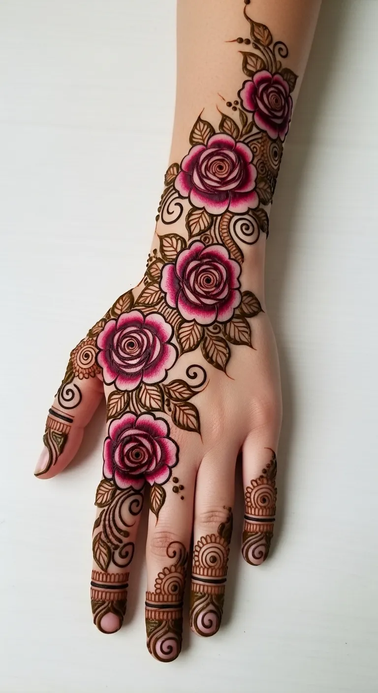 Shaded rose mehndi with gradient from center to petals