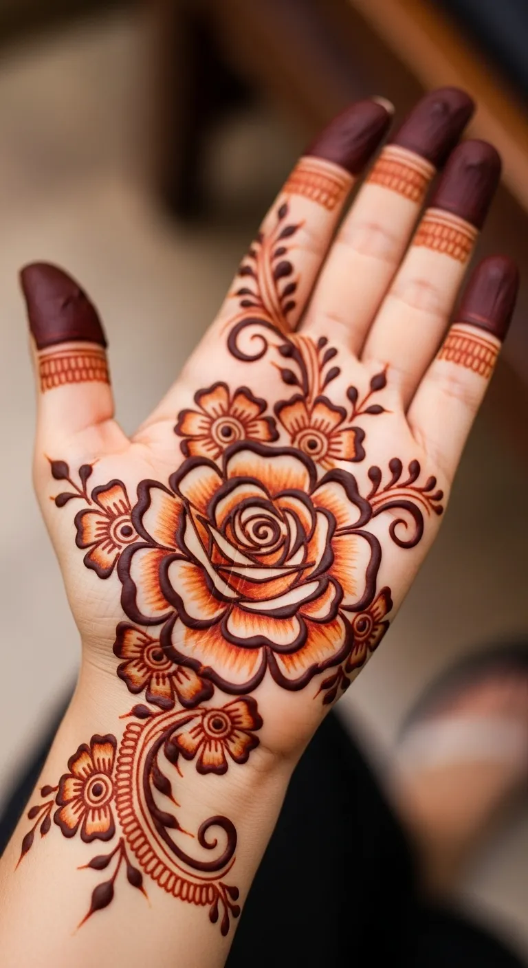 200+ Stunning Flower Mehndi Designs You Will Love (2026) 15 Shaded rose mehndi with gradient petals