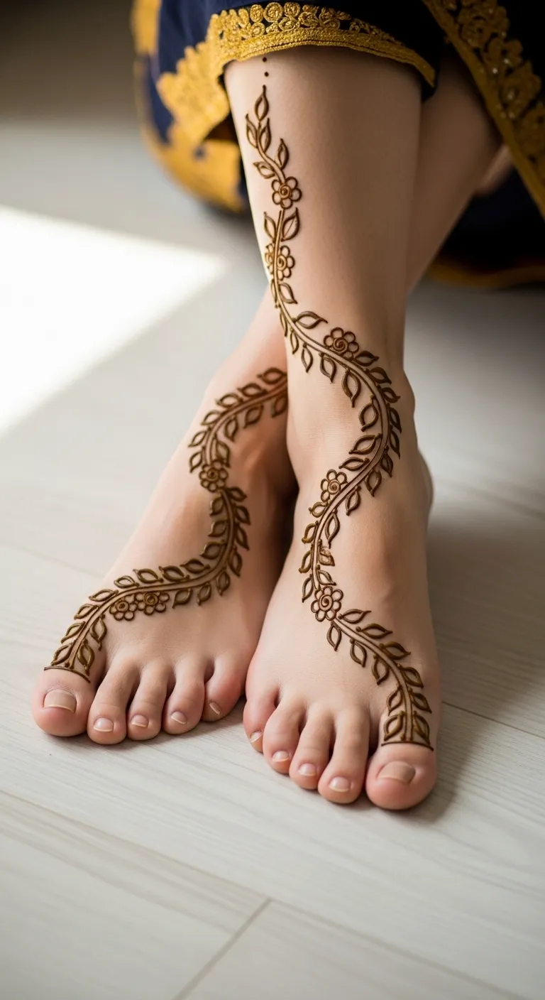 Side feet mehndi design with vine pattern