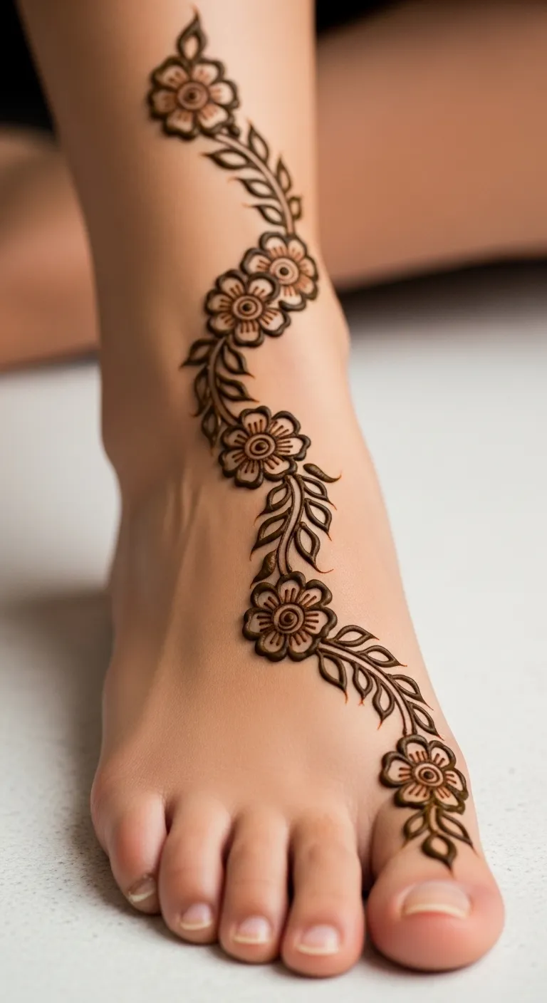 Arabic floral side foot mehndi on inner edge