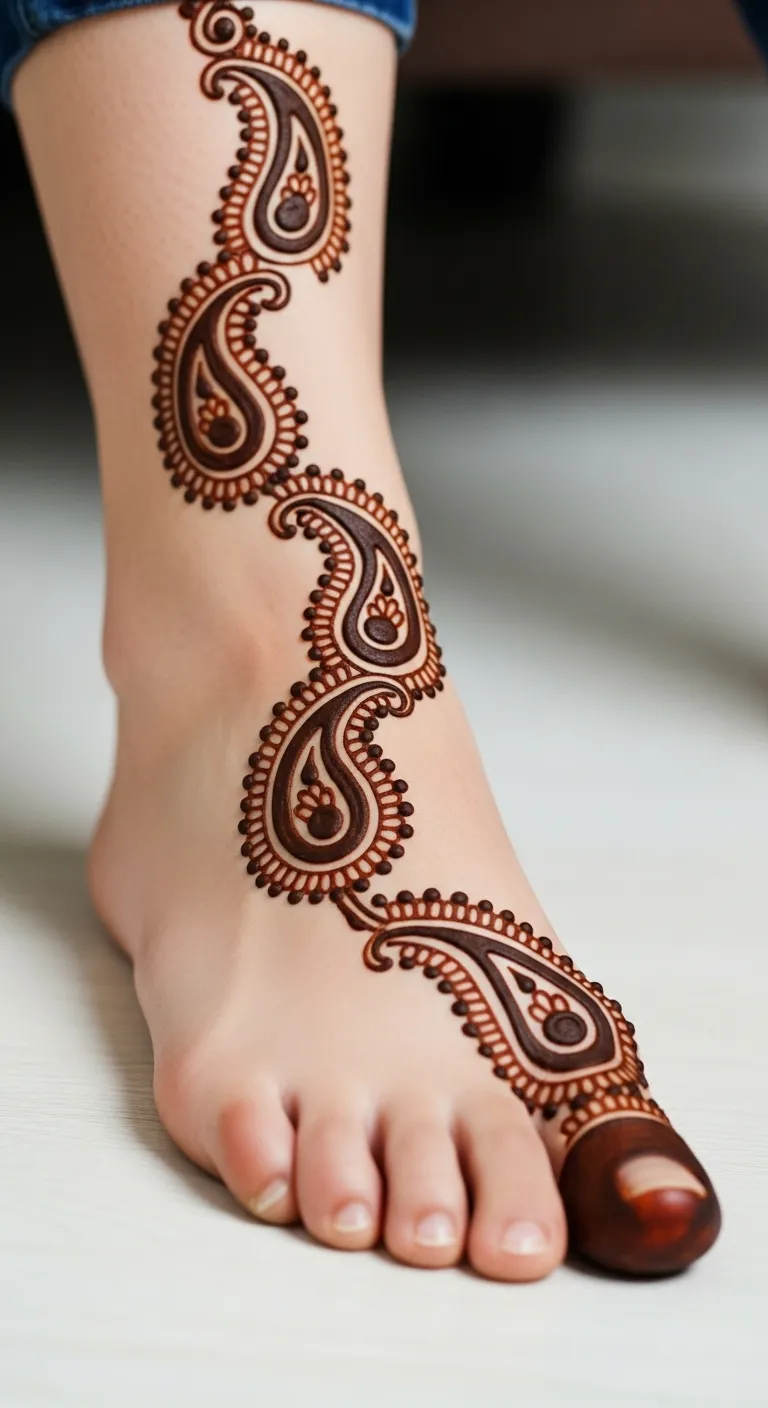 Side foot mehndi with paisley chain on inner edge