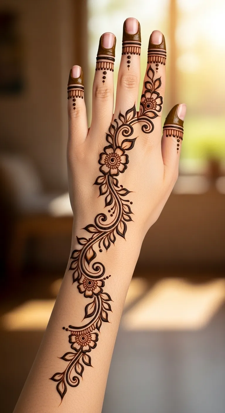Simple Arabic trailing mehndi on back hand