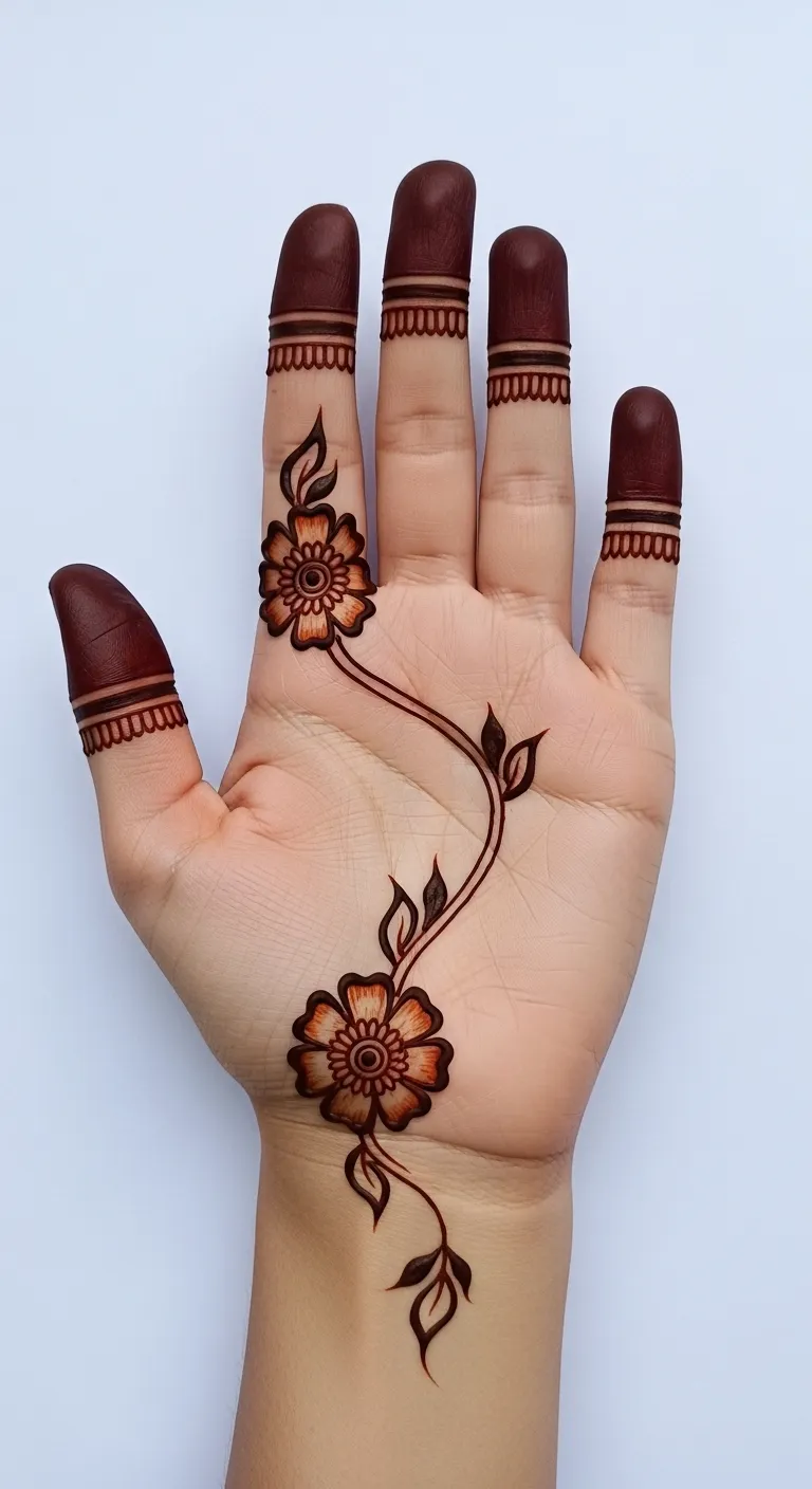 Simple Arabic mehndi design with flower trail on finger