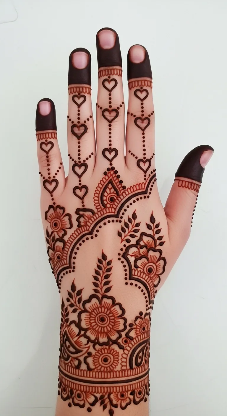 Easy back hand mehndi design with heart chain
