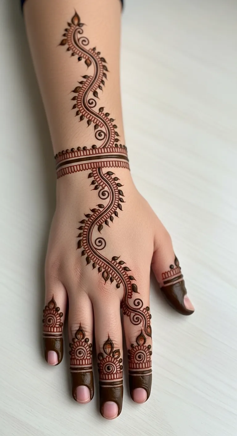 Simple bail mehndi design with leaves and curls