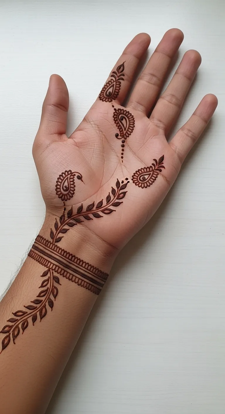 Simple dulha mehndi with paisley and leaf trail