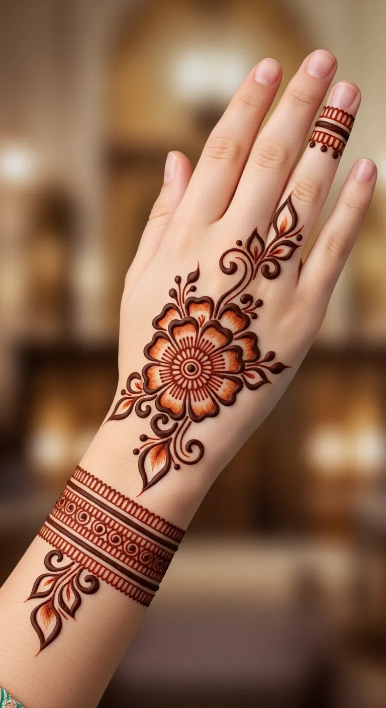 Simple Eid mehndi with single flower on palm