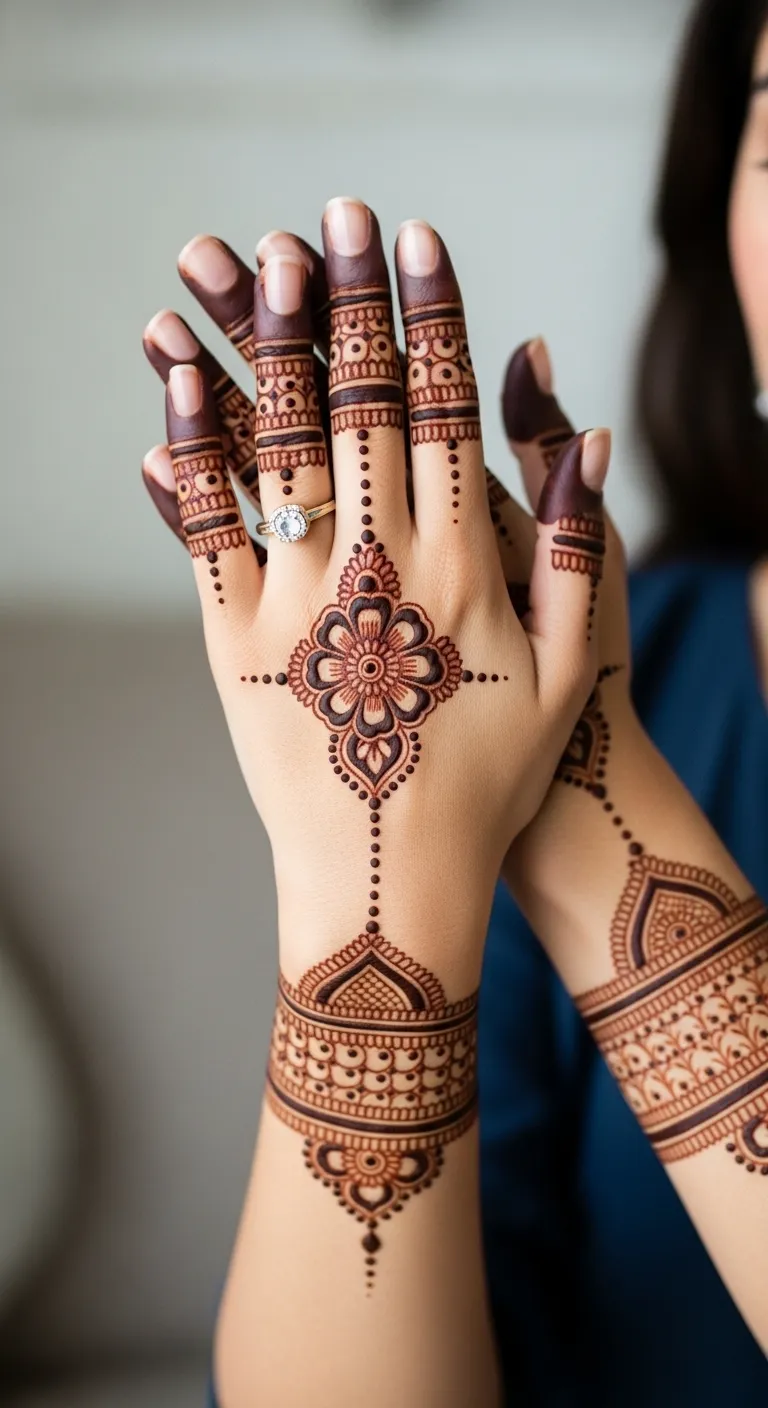 Simple engagement mehndi design on ring finger with floral motif