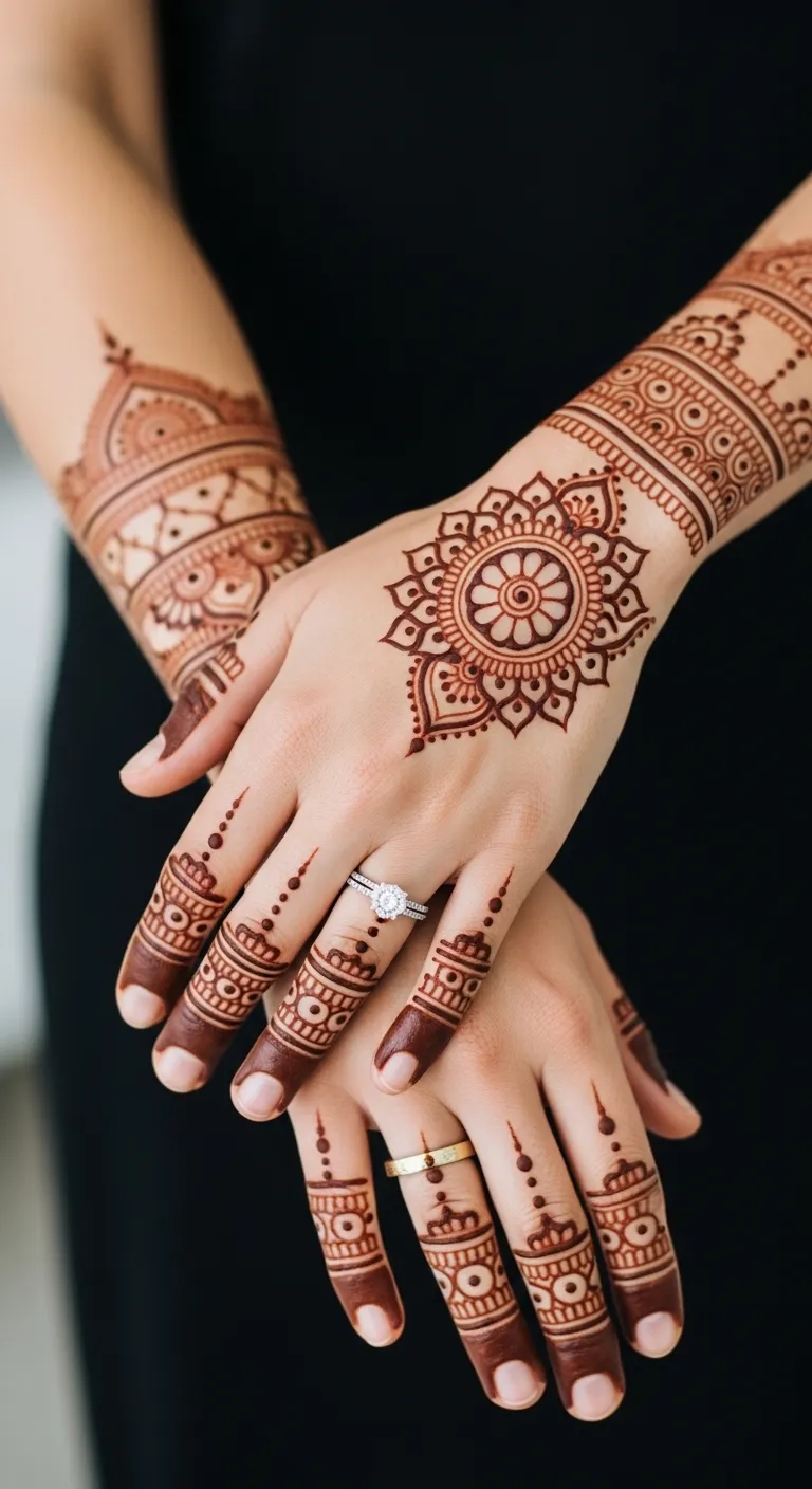 Elegant simple mandala engagement mehndi on back hand