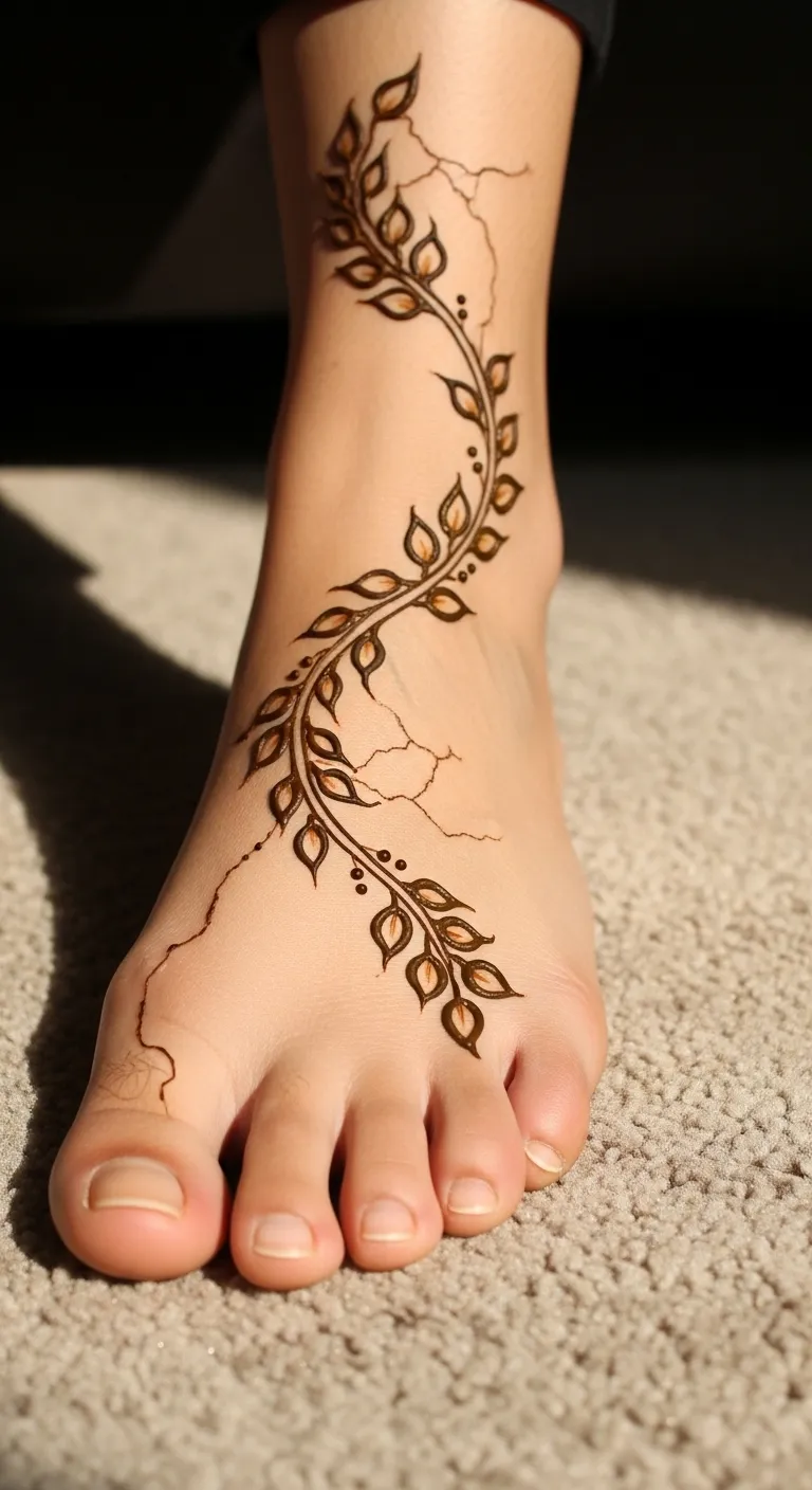 Easy feet mehndi design with vine pattern