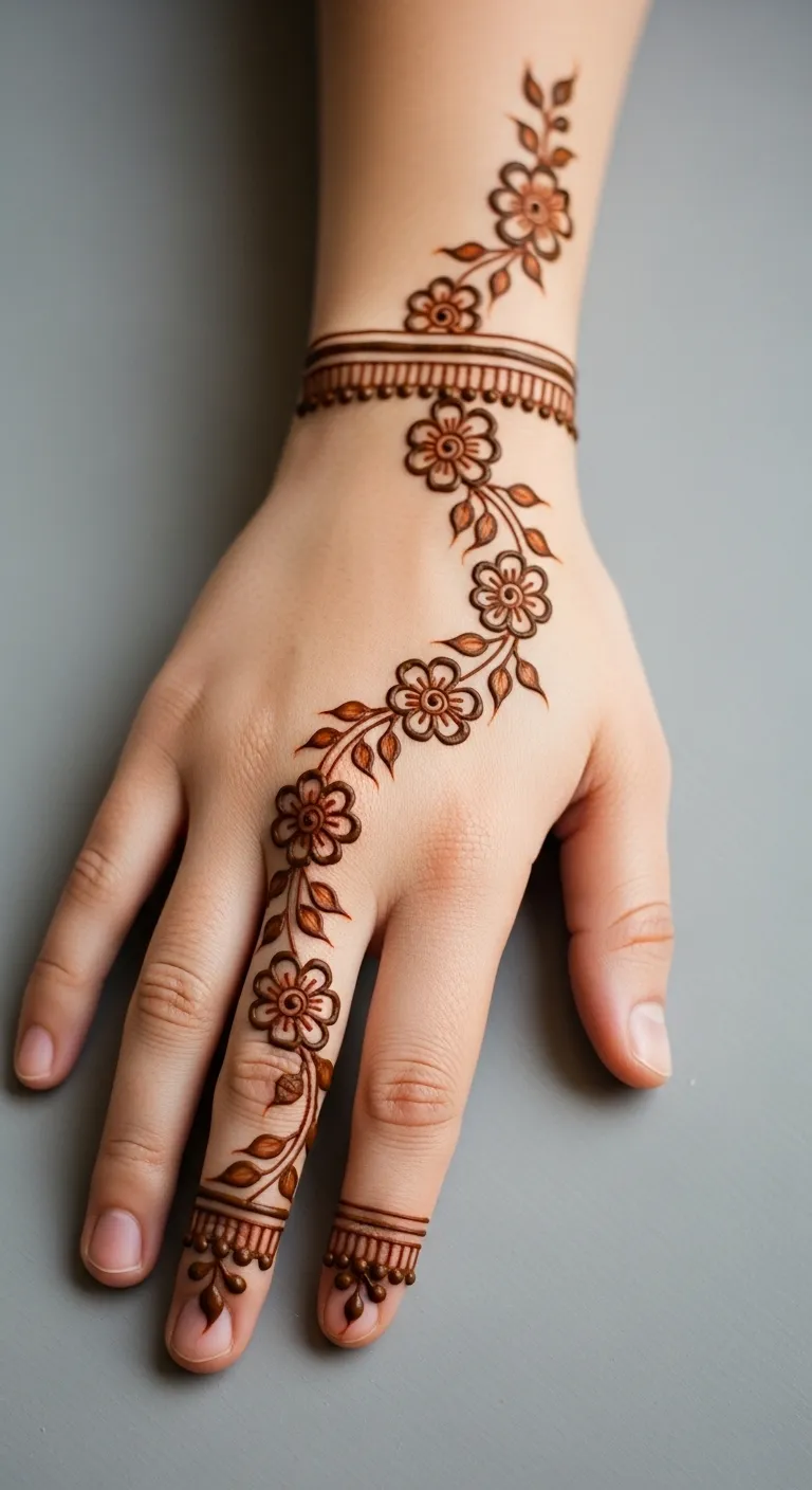 Simple full hand mehndi with flower and vine trail