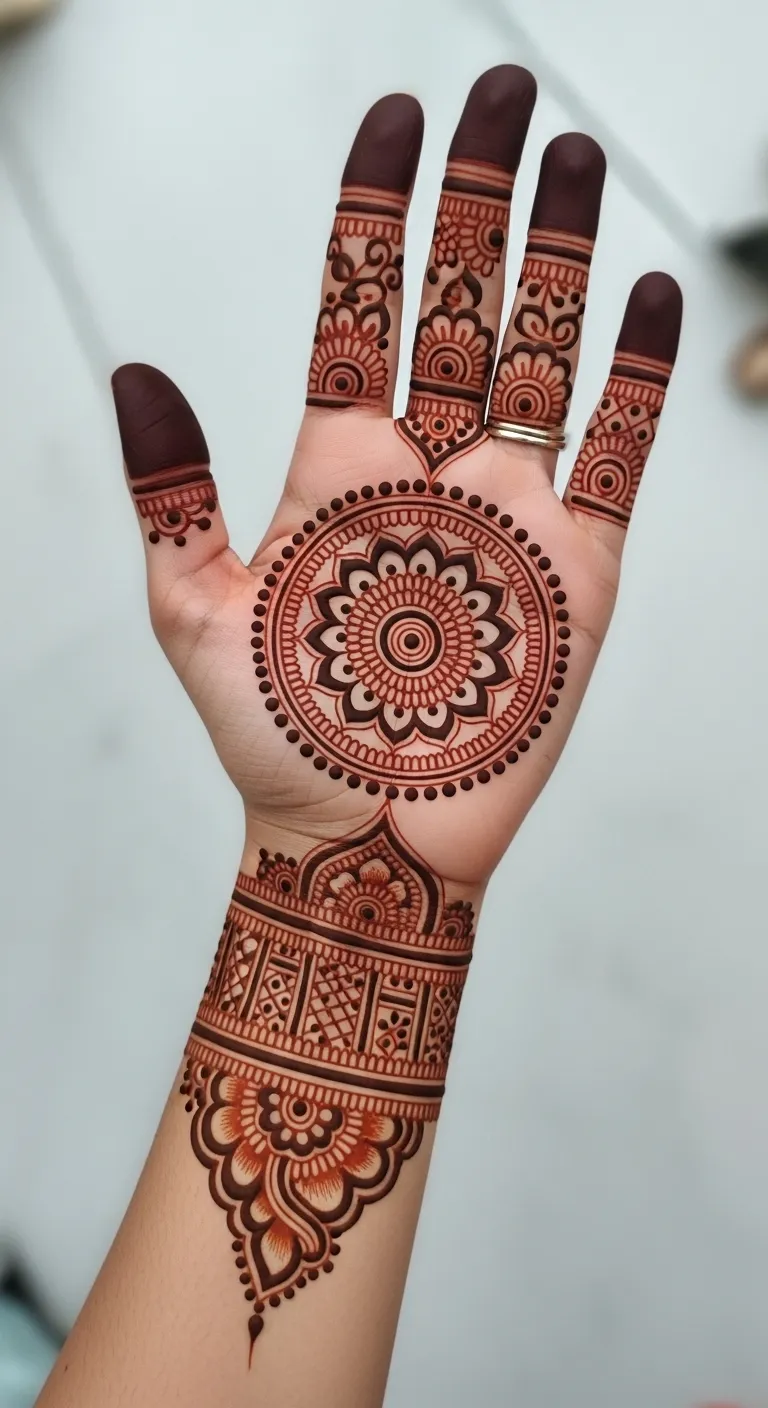 Simple Indian mehndi with center mandala and dots