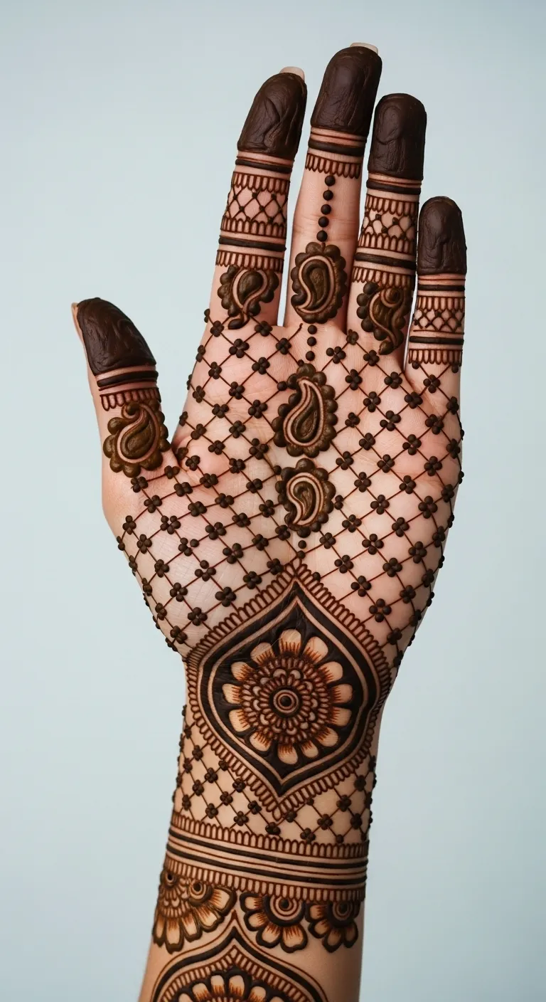 Simple Indian paisley chain mehndi on fingers