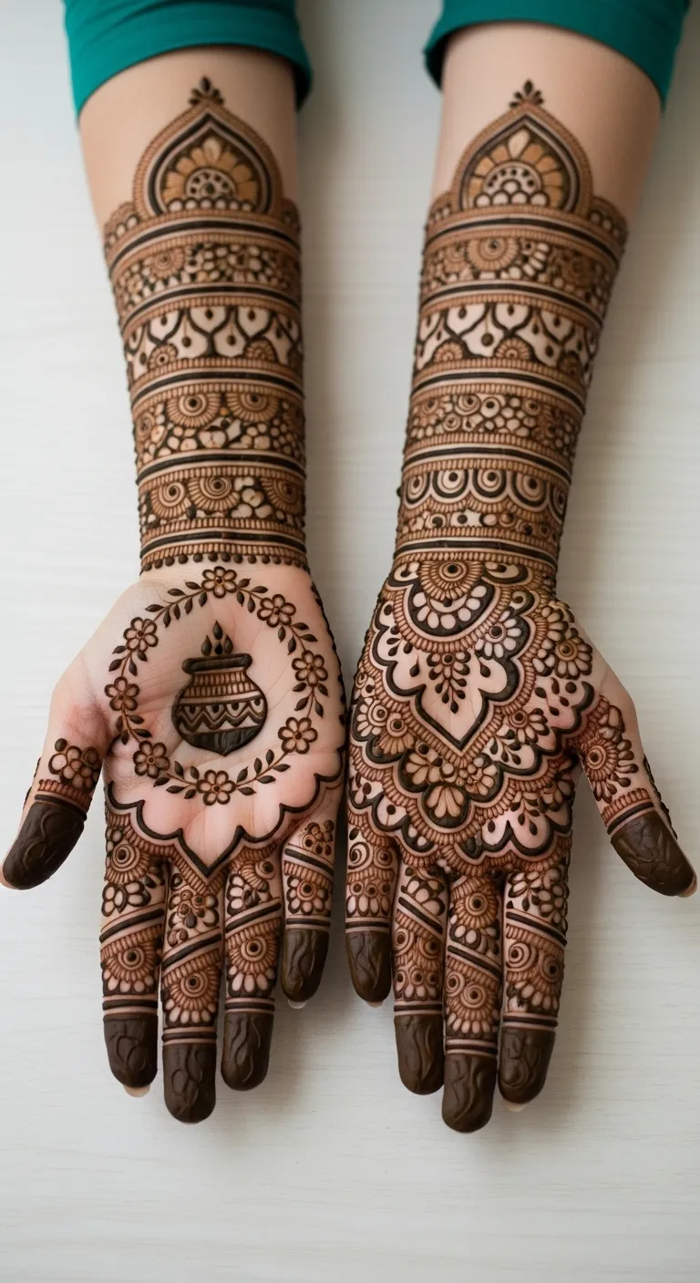 Simple Karwa Chauth mehndi with karwa pot and flowers