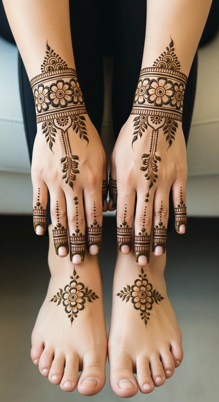 Simple floral mehndi design on top of foot