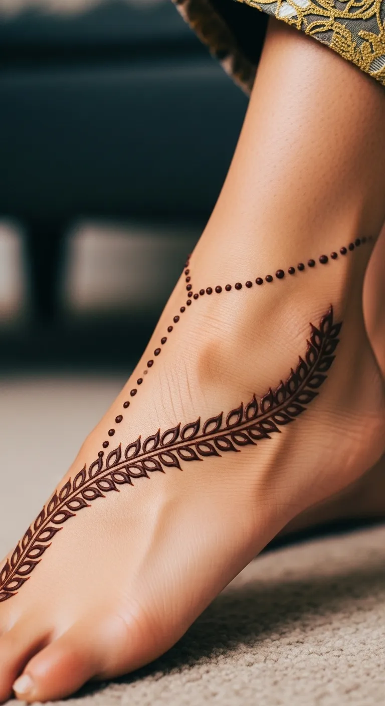 Easy leg mehndi with dot and leaf border